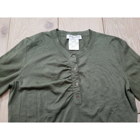 Christian Dior Olive Green Thin Knit Sweater 8 US Medium Cashmere Silk Wool - Picture 2 of 8